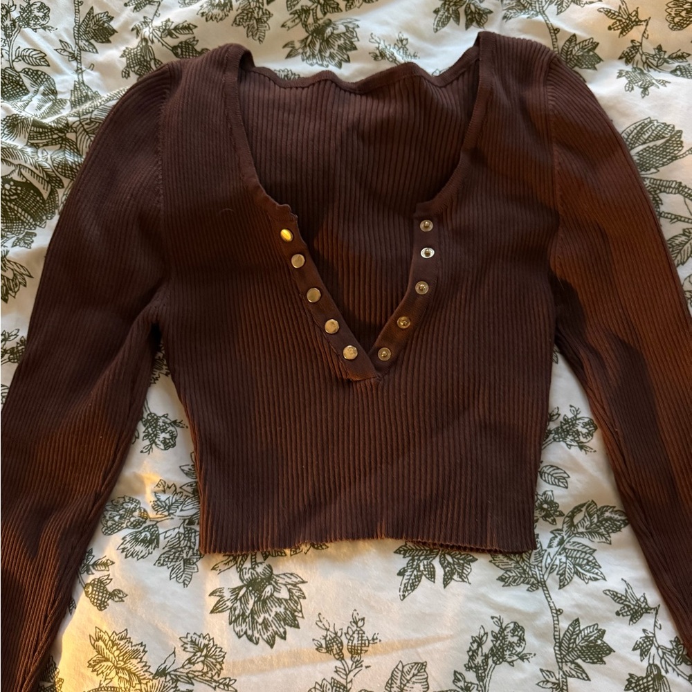 Brown Ribbed Button-Up Women's Top